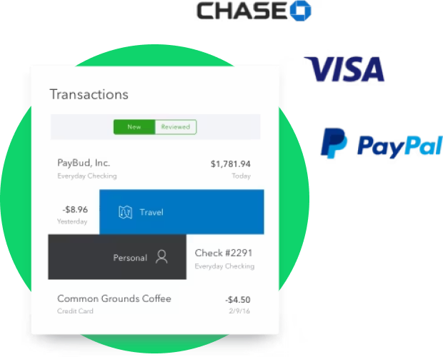 Transactions in QuickBooks are easy to see for credit cards, PayPal, travel, personal, and more.